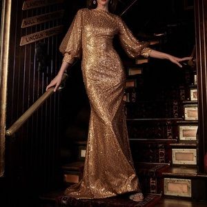 Badgley Mischka Sequin Puff-Sleeve Gown